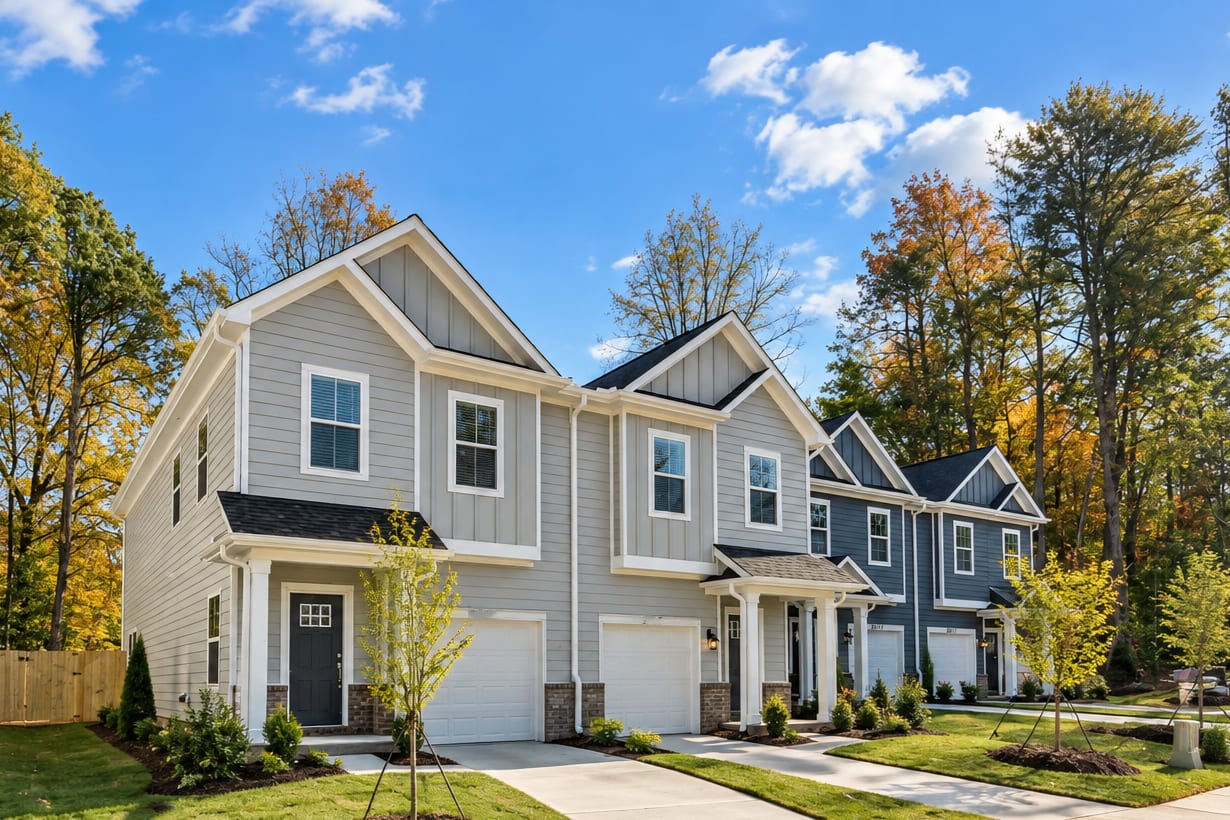 Two-story Sullins Walk rental homes with attached garages along a tree-lined street