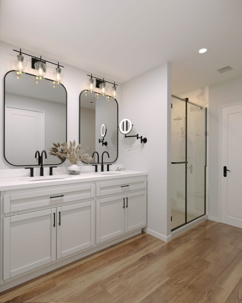 Primary bathroom with modern vanity and finishes